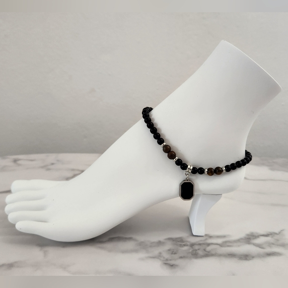Unisex Black Beaded Anklet with Gemstone Pendant - Picture 2 of 12